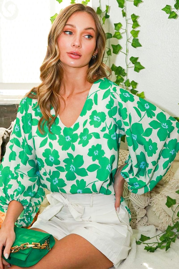 Green Flower Print Blouse