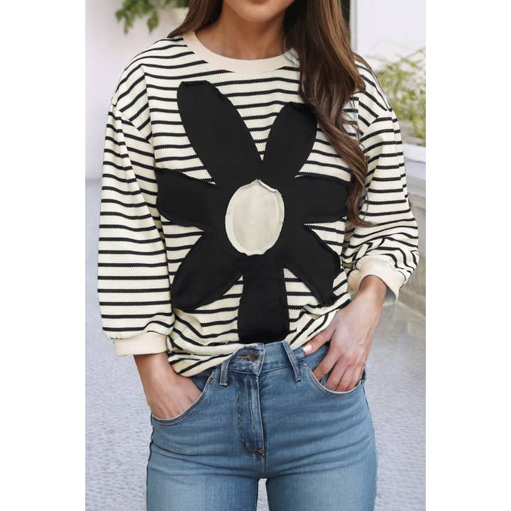 Striped Flower 3/4 Sleeve Top