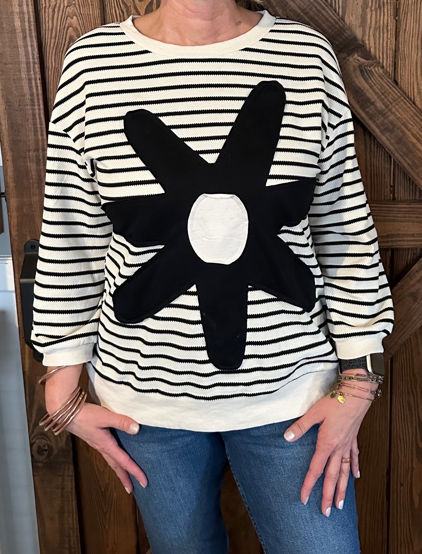 Striped Flower 3/4 Sleeve Top